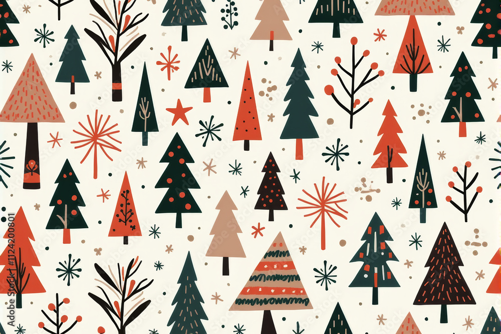 Obraz premium A detailed Christmas tree pattern featuring evergreen pines, decorated garlands, and shining stars in a seamless holiday layout..