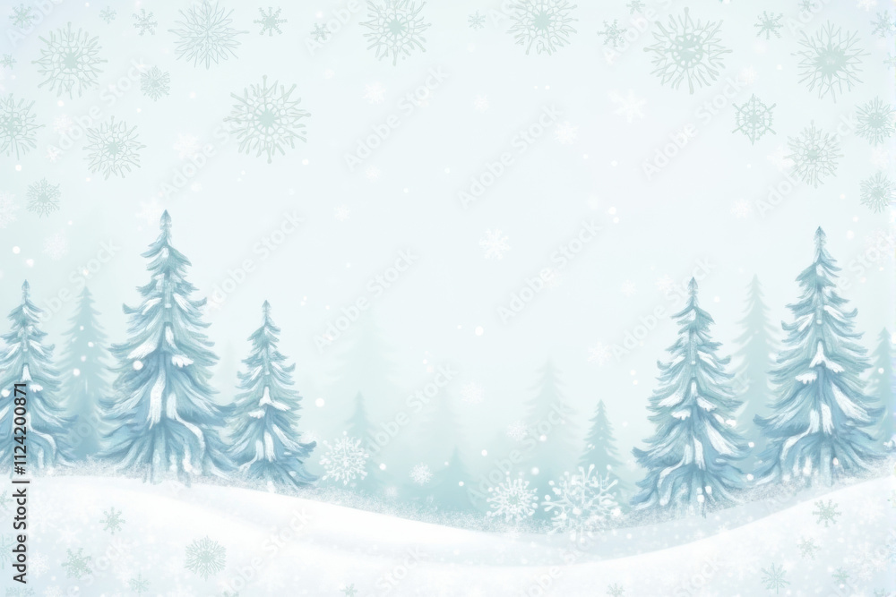 Obraz premium A cozy snow-themed Christmas pattern showcasing intricate snowflakes, soft winter tones, and snowy trees for a warm, festive design..