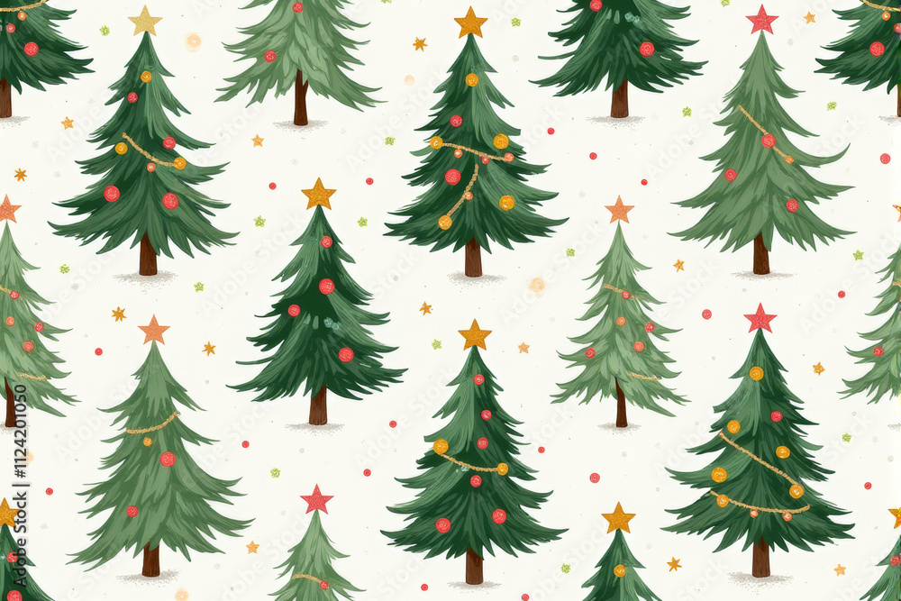 Obraz premium A detailed Christmas tree pattern featuring evergreen pines, decorated garlands, and shining stars in a seamless holiday layout..