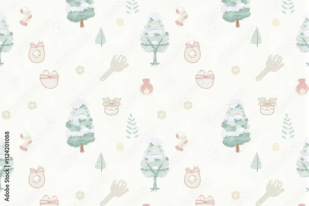 Fototapeta premium A cozy snow-themed Christmas pattern showcasing intricate snowflakes, soft winter tones, and snowy trees for a warm, festive design..