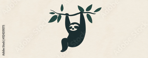 minimalist design of sloth hanging from tree branch, showcasing its playful nature and love for relaxation. This charming illustration captures essence of tranquility and nature
