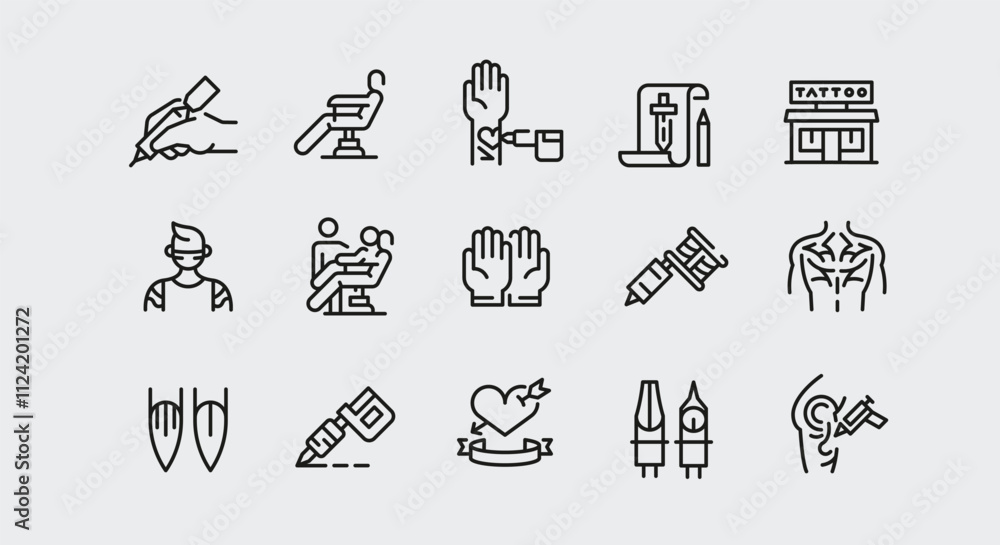 Fototapeta premium Tattoo icons. Set of 15 tattoo trendy minimal icons. Needle, tattoo Chair, back tattoo, Ink bottles, machine icon. Design signs for web page, mobile app, packaging design. Vector illustration.