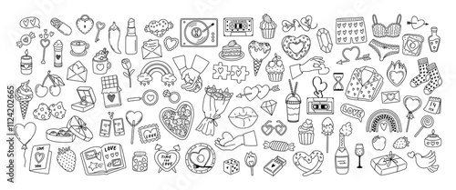 Big outline vector set stickers of Valentine's Day and Love. Line art design concept of romantic elements and symbols. Doodle pack for coloring book, scrapbooking, print. Hand drawn illustration