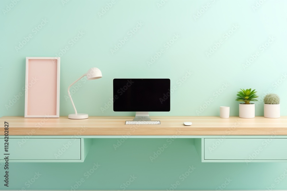Stylish home office with monoblock, empty photo frame, potted plant, pastel colors, minimalist style Stylish home office with monoblock, empty photo frame, potted plant, pastel colors, minimalist style
