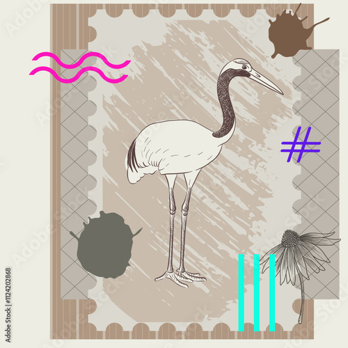 vector collage with bird and neon color elements,, creative composition with sketch of crane