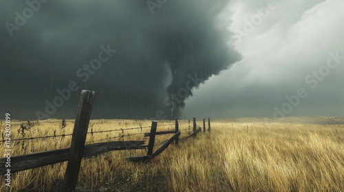A tornado forming over a prairie with a small, broken fence in the foreground