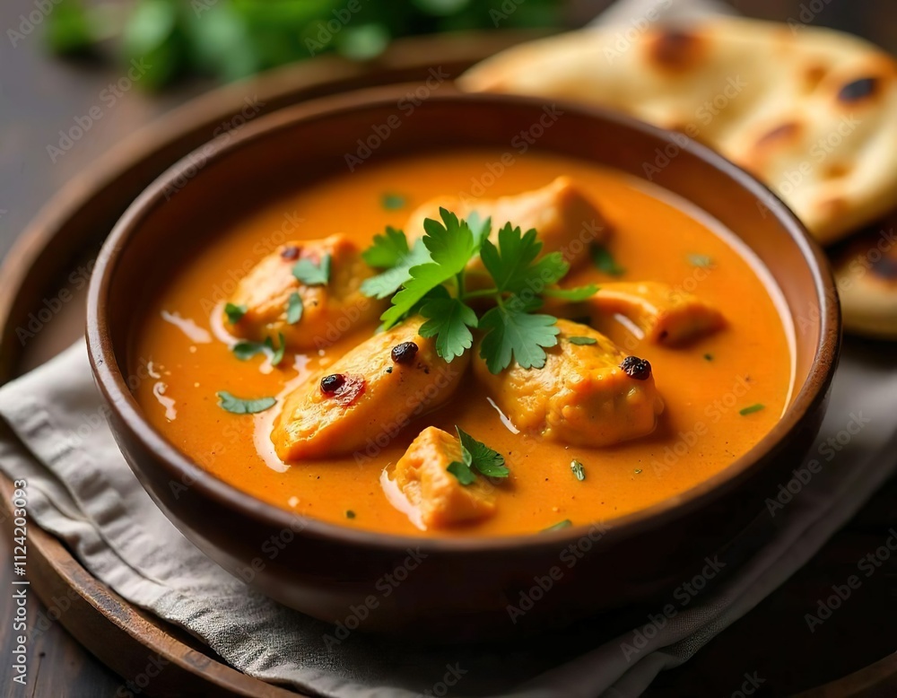 A bowl of creamy orange curry with chunks of chicken and fresh cilantro garnish, served with naan bread on the side A bowl of creamy orange curry with chunks of chicken and fresh cilantro garnish, served with naan bread on the side