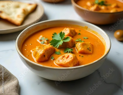 A bowl of creamy orange curry with chunks of chicken and fresh cilantro garnish, served with naan bread on the side