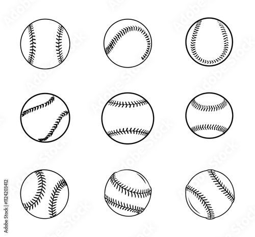 Baseball Ball Clip art Illustration Vector Set, Professional Baseball Sport Isolated Equipment And Element, Baseball Exercise Champion Abstract Baseball Outline Icon Symbol Vector Set