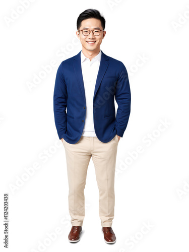 East Asian man with glasses, smiling warmly, casual outfit, natural lighting, isolated background.