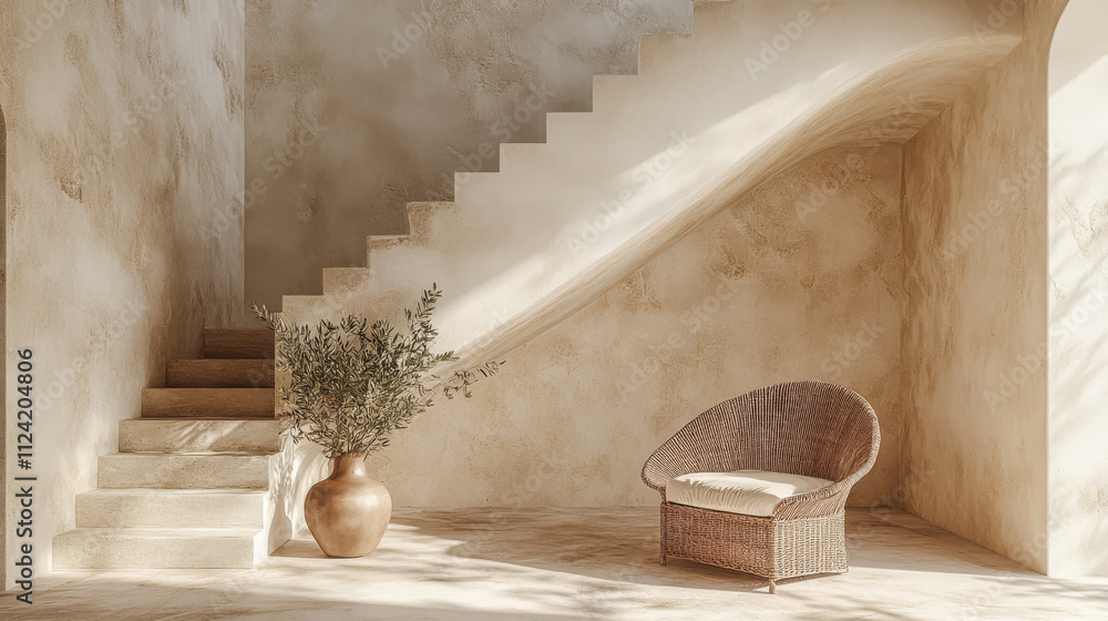 Obraz premium Elegant indoor space featuring a woven chair and minimalist staircase design with natural lighting