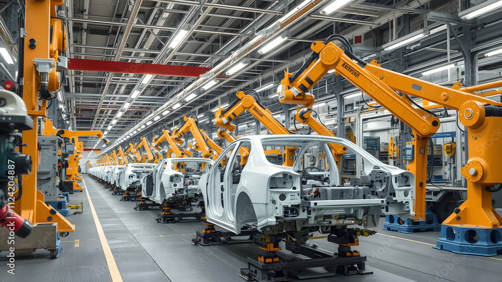 Fototapeta premium A modern production line in an automotive factory, with robotic arms assembling car frames under bright industrial lights