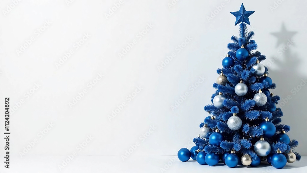 Christmas tree with blue and silver decorations on the white background with copy space Christmas tree with blue and silver decorations on the white background with copy space
