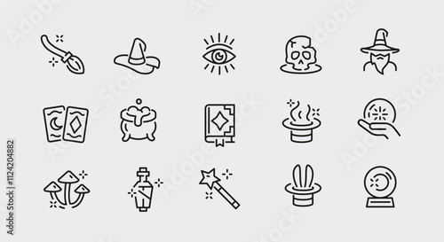 Magic icons. Set of 15 magic trendy minimal icons. Examples: Crystal Ball, Magic Wand, Rabbit in Hat, Tarot Cards icon. Design signs for web page, mobile app, packaging design. Vector illustration.