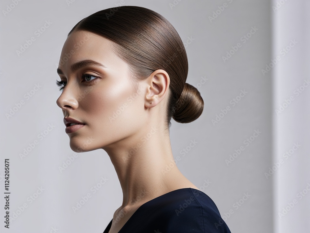 Naklejka premium Beautiful woman side view photo with neat straight hair- studio portrait