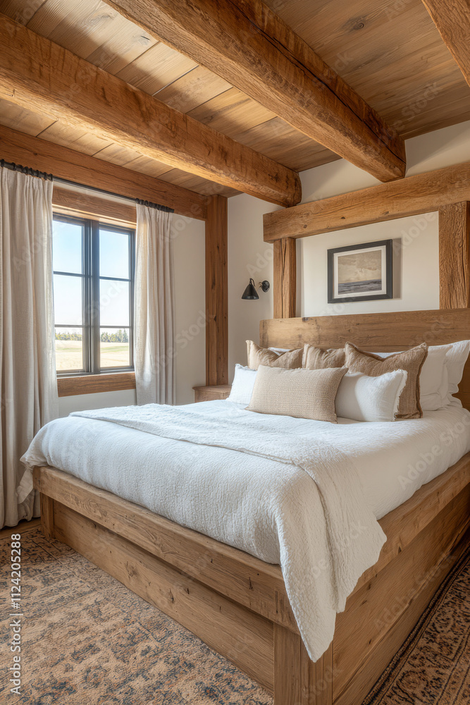 Elegant rustic bedroom with wooden beams and cozy decor in a mountain retreat Elegant rustic bedroom with wooden beams and cozy decor in a mountain retreat