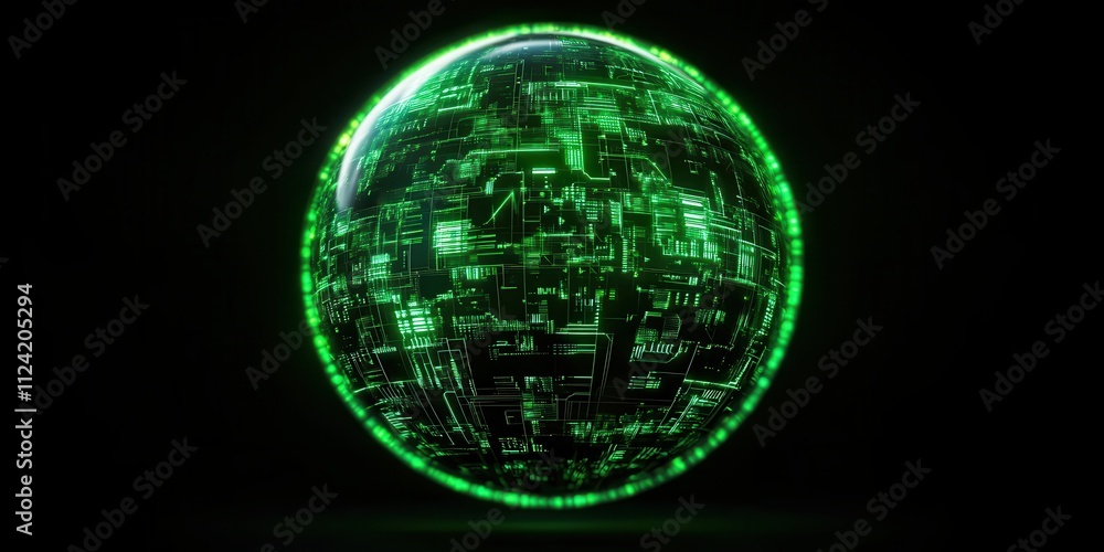 Obraz premium A glowing orb encapsulating a green planet, symbolizing harmony between technology and nature in a vibrant universe.