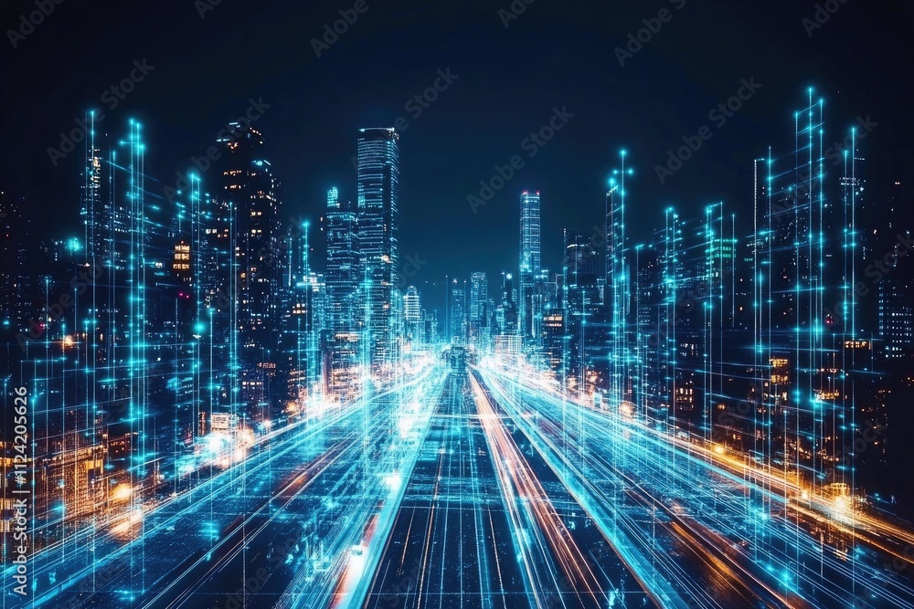 Smart City: Networks Illuminate Urban Highways at Night, Futuristic Cityscape with Advanced Technology Glows Brightly. Smart City: Networks Illuminate Urban Highways at Night, Futuristic Cityscape with Advanced Technology Glows Brightly.