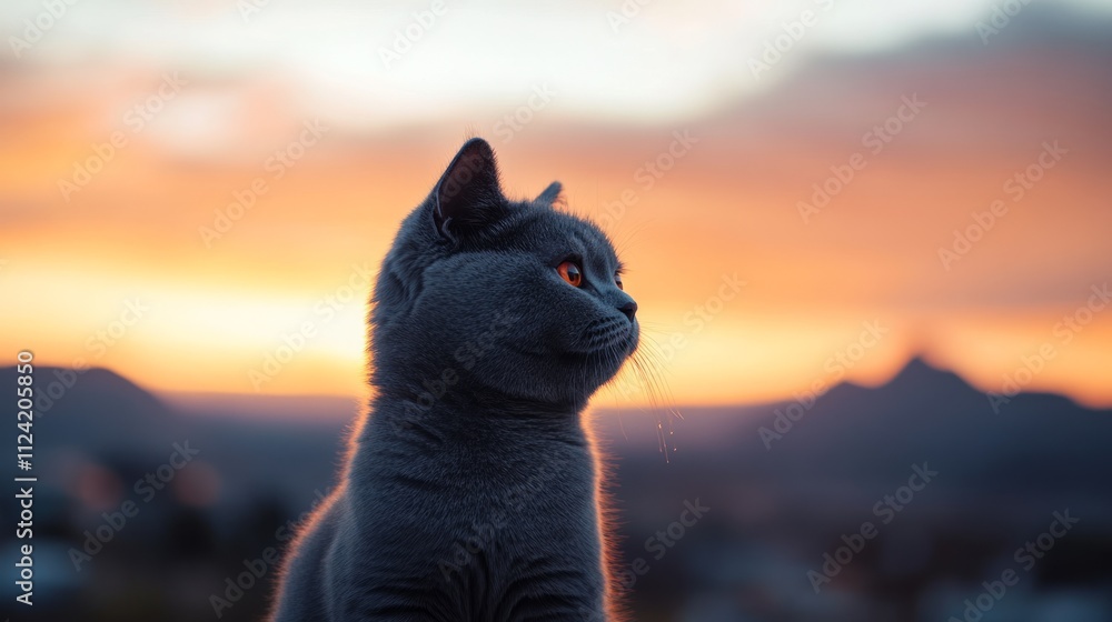 Obraz premium Gray cat silhouetted against a vibrant sunset, mountains in background.