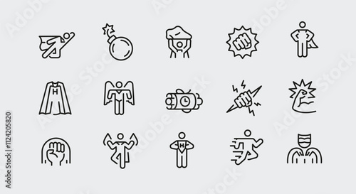 Superhero icons. Set of 15 superhero trendy minimal icons. Example: Bomb, Flying, Fist, Mask, Cape icon. Design signs for web page, mobile app, packaging design. Vector illustration