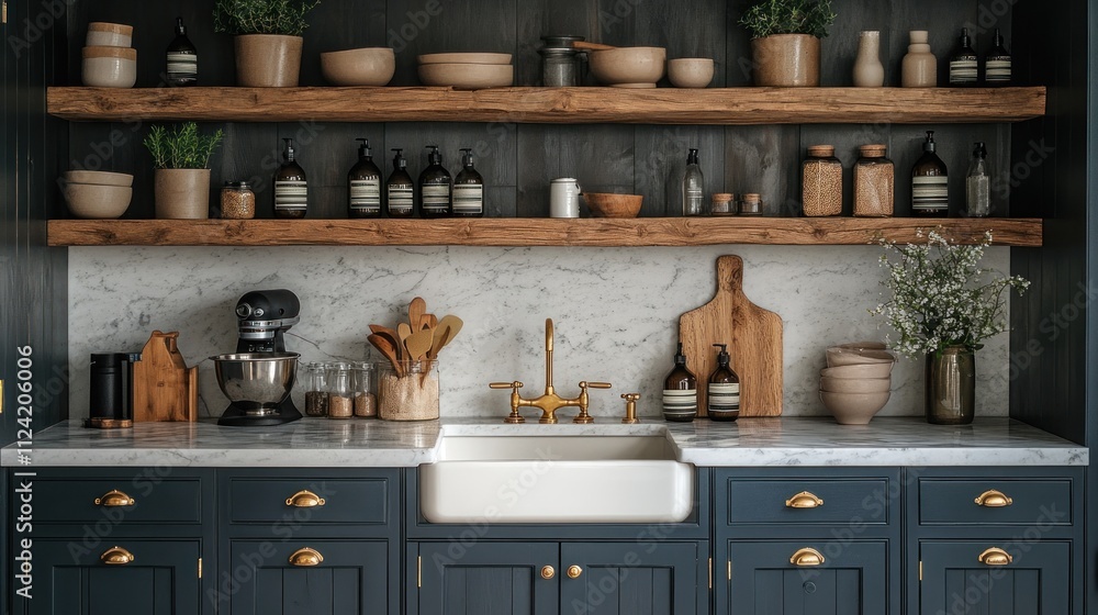Rustic farmhouse kitchen with wooden shelves, marble countertop, and navy blue cabinets. Rustic farmhouse kitchen with wooden shelves, marble countertop, and navy blue cabinets.