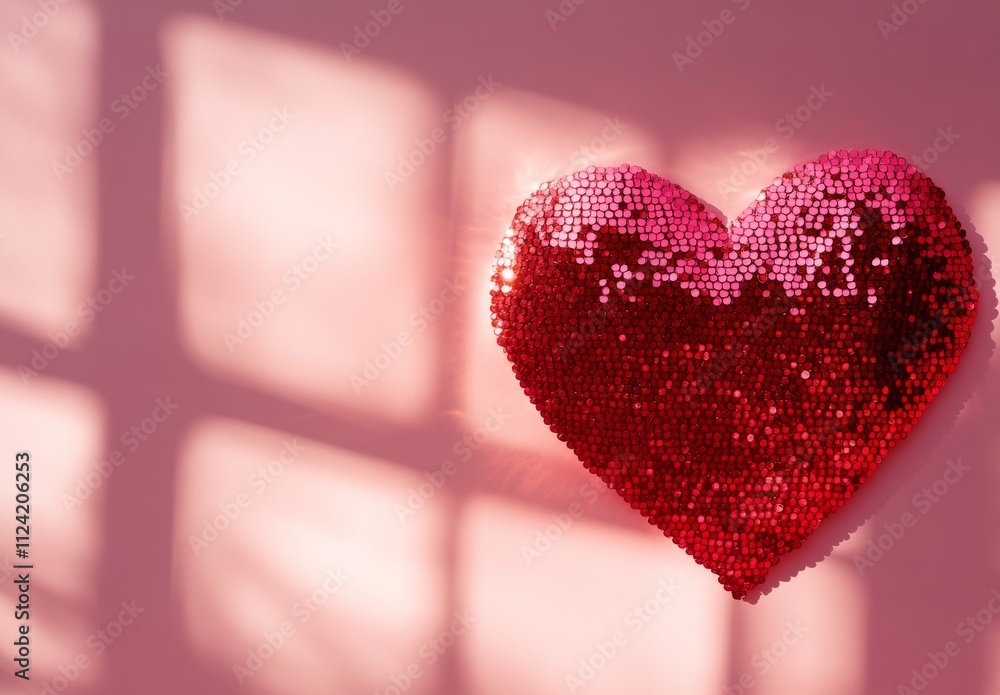 Fototapeta premium A heart shape made of red sequins on a pastel pink background