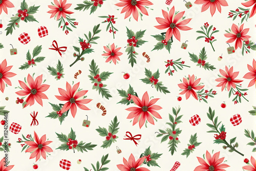 A holly and berry Christmas pattern with seamless clusters of lush green leaves and bright red berries, perfect for festive decor..