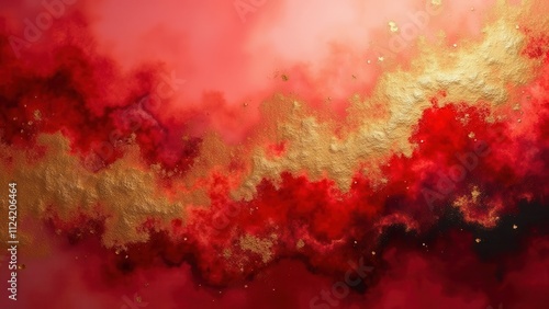 Golden streaks.Immerse in a lavish concoction of vivid red and gold watercolor fields merged with iridescent rose gold patterns, suspended elegantly like a stately drapery backdrop.