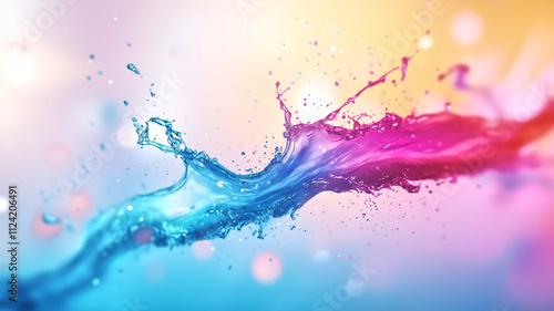 Vibrant splash of water in blue and pink hues against soft gradient background, creating dynamic and energetic visual effect
