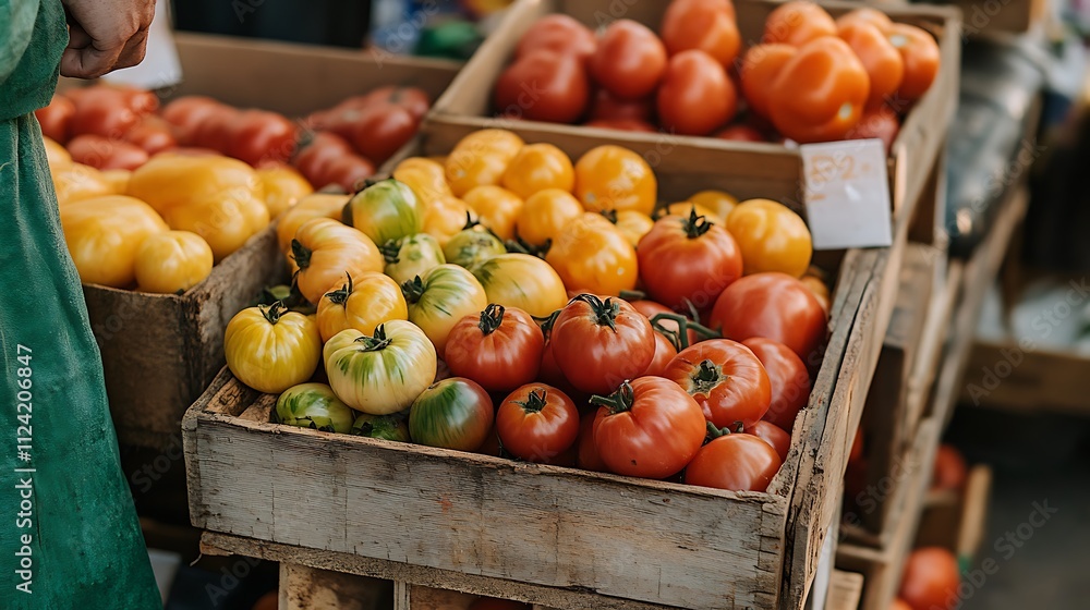 Colorful heirloom tomatoes in wooden crates at a farmer's market. Colorful heirloom tomatoes in wooden crates at a farmer's market.