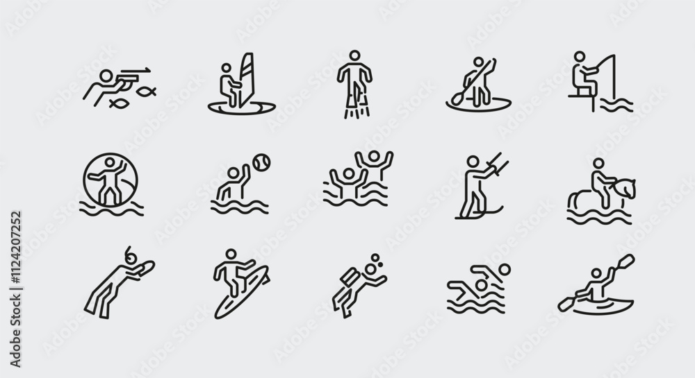 Fototapeta premium Water sports icons. Set of 15 water sports trendy minimal icons. Examples: Jet Ski, Scuba Diving, Wakeboarding, Surfing. Design signs for web page, mobile app, packaging design. Vector illustration.