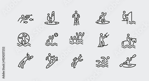 Water sports icons. Set of 15 water sports trendy minimal icons. Examples: Jet Ski, Scuba Diving, Wakeboarding, Surfing. Design signs for web page, mobile app, packaging design. Vector illustration.