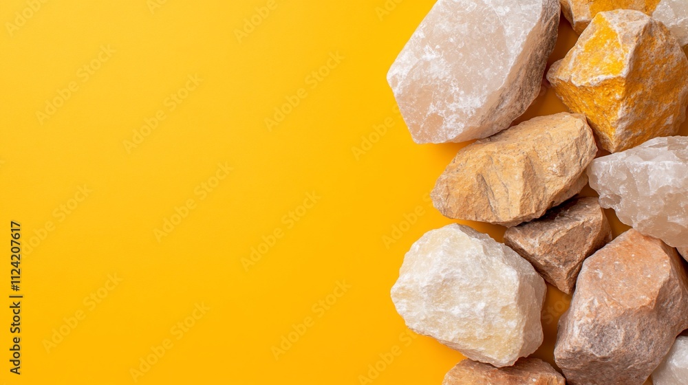 A collection of various stones on a vibrant yellow background. A collection of various stones on a vibrant yellow background.