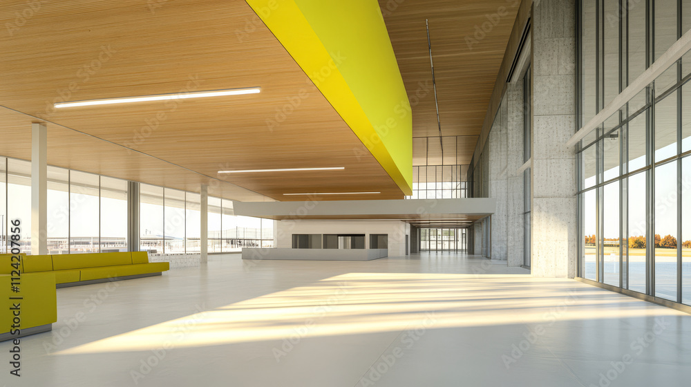 Modern architectural design in a spacious public building with large windows and bright accents Modern architectural design in a spacious public building with large windows and bright accents