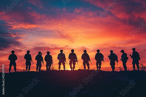 Soldiers silhouetted for the military and defense at sunset. Generative Ai