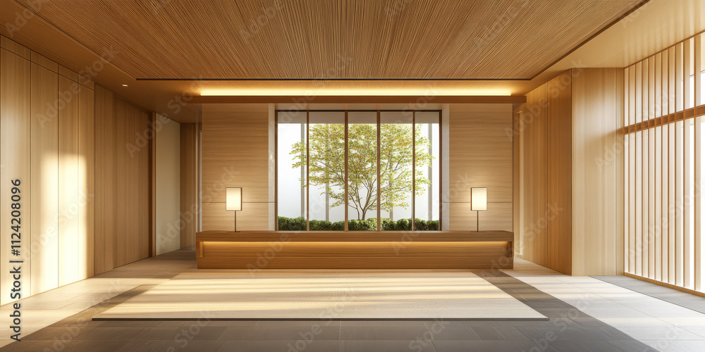 Fototapeta premium Modern interior design featuring wooden architecture and natural light in a serene setting