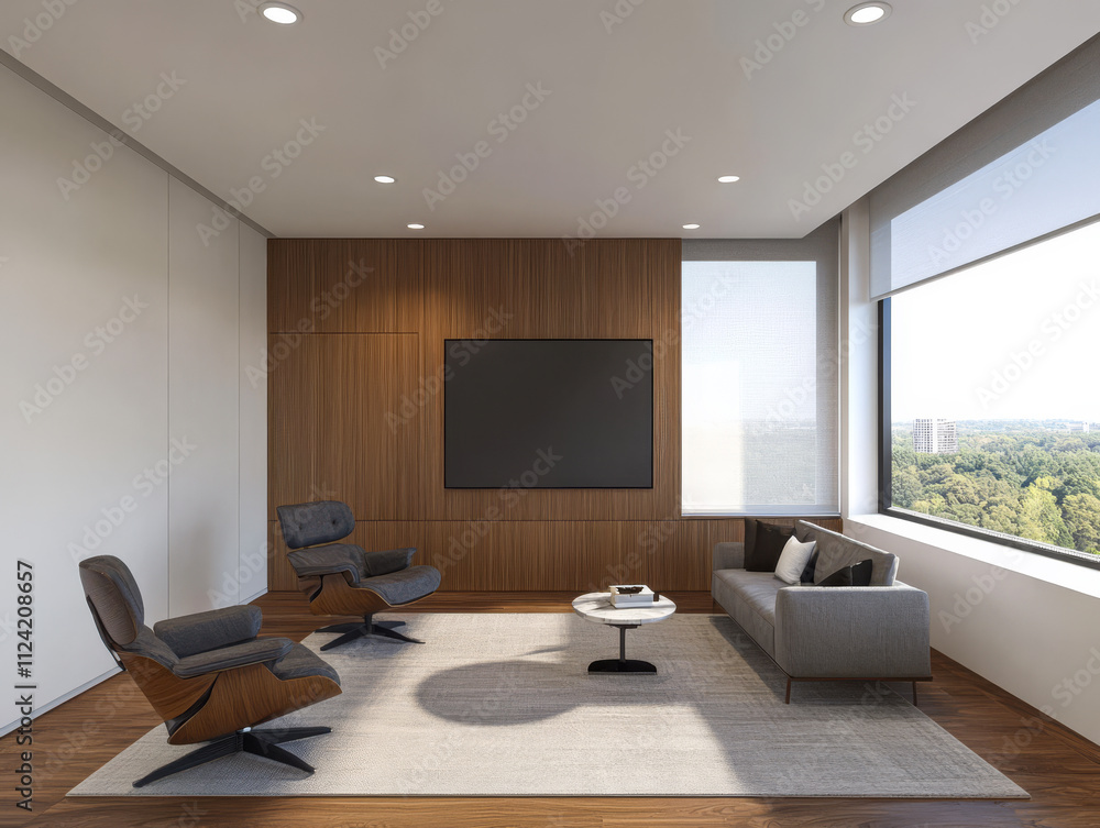 Fototapeta premium Modern living room with stylish furniture and large windows overlooking greenery