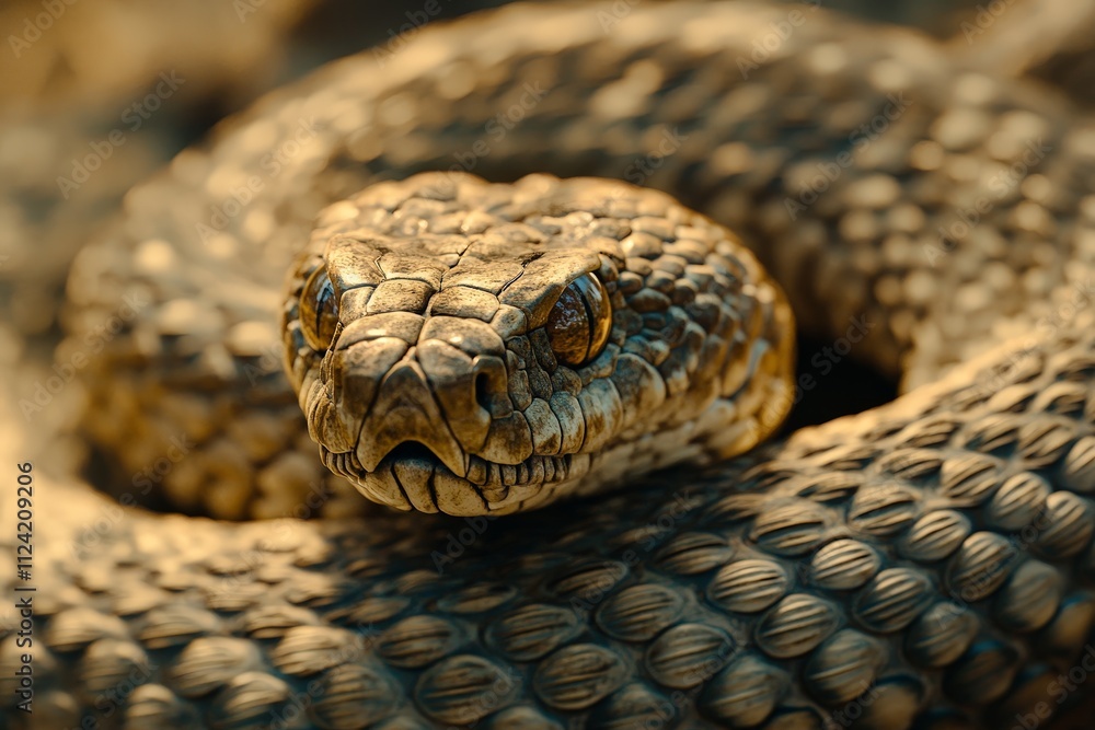 A coiled snake, ready to strike, muscles tensed and eyes locked on its prey A coiled snake, ready to strike, muscles tensed and eyes locked on its prey
