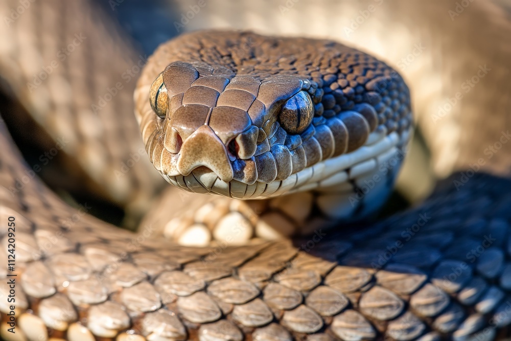 Obraz premium A coiled snake, ready to strike, muscles tensed and eyes locked on its prey