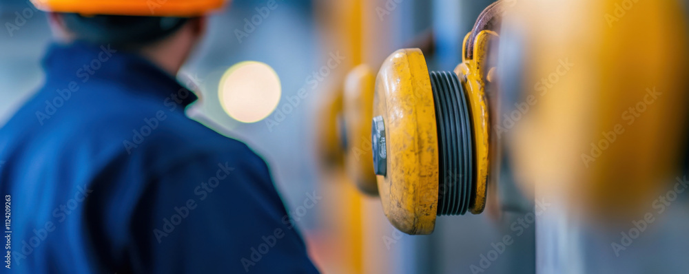 Obraz premium Close up of industrial scaffold wheels being locked by worker in safety helmet. vibrant yellow wheels contrast with blurred background, emphasizing focus on safety and equipment