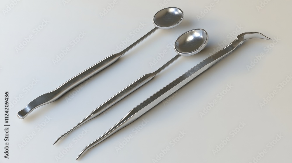 Set of sterilized dental instruments with a focus on the mouth mirror. Set of sterilized dental instruments with a focus on the mouth mirror.