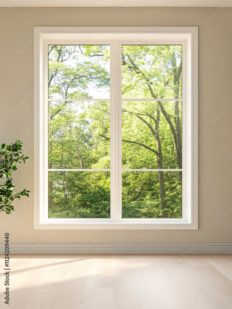 Bright green trees visible through a large window in a modern room during daytime Bright green trees visible through a large window in a modern room during daytime