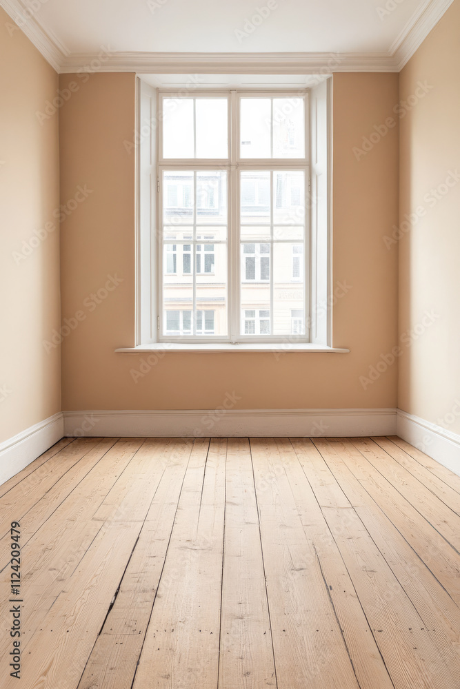Bright and spacious empty room with wooden floors and large window overlooking cityscape Bright and spacious empty room with wooden floors and large window overlooking cityscape