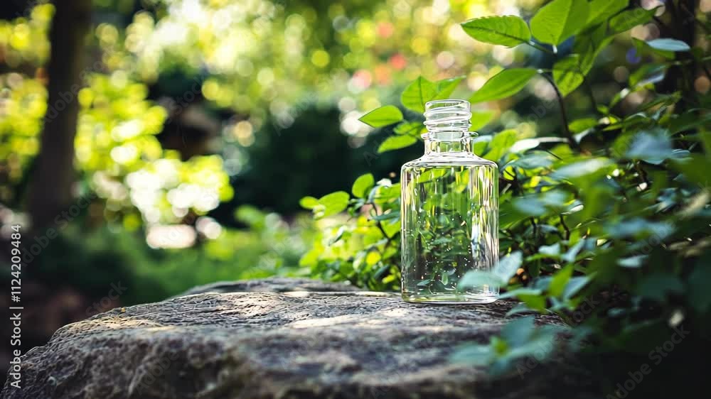 Transparent glass bottle placed on a moss-covered stone in a lush green garden on a sunny day Transparent glass bottle placed on a moss-covered stone in a lush green garden on a sunny day