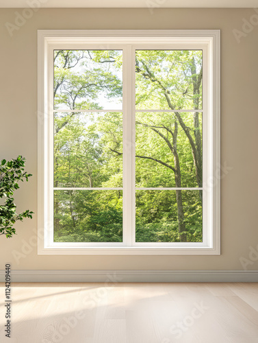 Bright green trees visible through a large window in a modern room during daytime