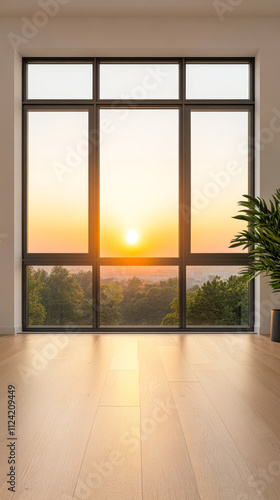 Beautiful sunset view through large windows in a modern room with plants