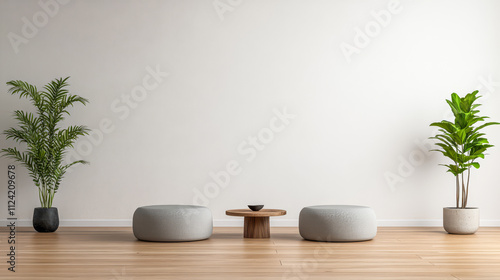 Minimalist interior design with plants and seating in a contemporary space