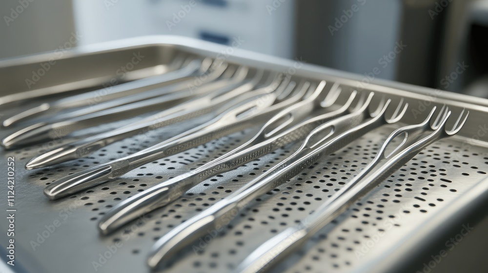 Sterilized dental curettes and scalers lined up on a surgical tray. Sterilized dental curettes and scalers lined up on a surgical tray.