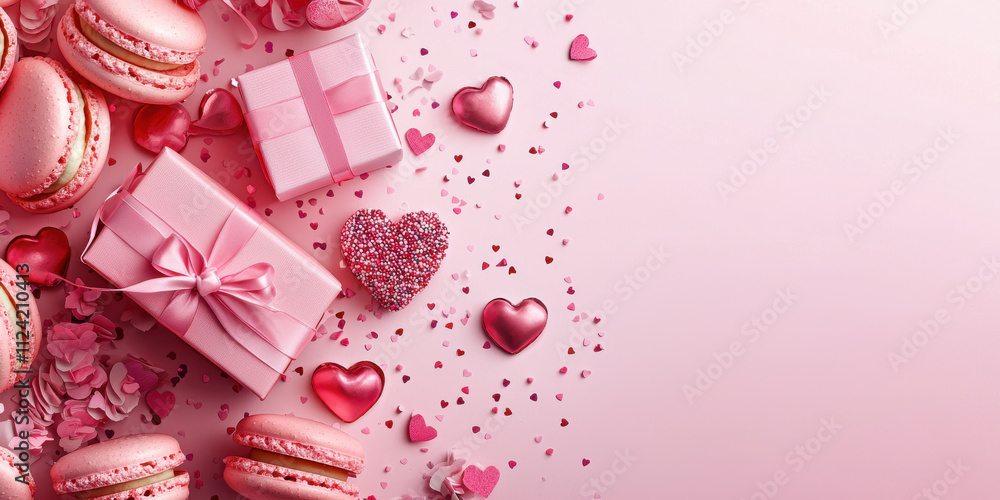 Whimsical flat lay with pink macarons, gifts, and heart confetti Whimsical flat lay with pink macarons, gifts, and heart confetti