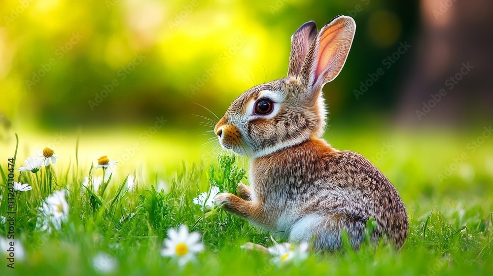A cute rabbit sitting in a field of flowers, nibbling on grass with its ears perked up A cute rabbit sitting in a field of flowers, nibbling on grass with its ears perked up